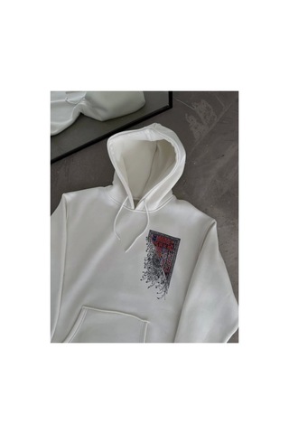 Butik İstanbul Uzun Kol Kapşonlu Ön Ve Arka Baskılı Sweatshirt - Beyaz
