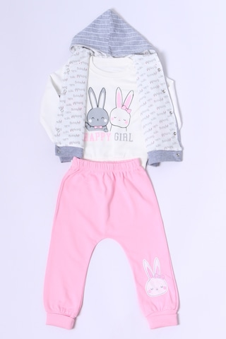 Kız Bebek Yelekli Takım Kapşonlu Çıtçıtlı Tavşan Baskılı A15 Pembe