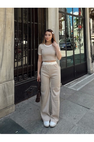 Crop Pantolon Biyeli Takım Bej Bej