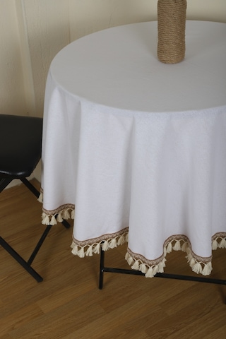 Dnc Home Tekstil  Beyaz Keten Şerit Ponponlu Yuvarlak Masa Örtüsü