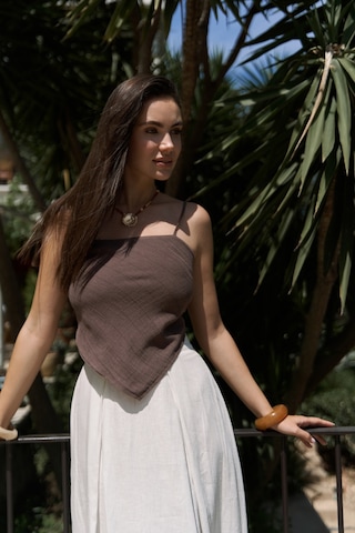 Mai Collection Mai Studios Co. Kita Üçgen Detay Çizgili Kahve Keten Crop Kahve