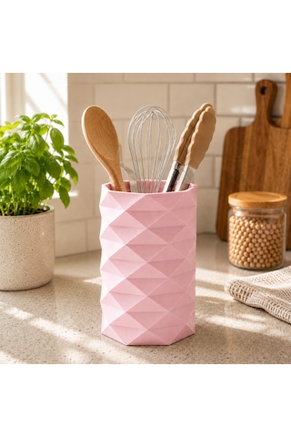 Geometrik Tasarımlı Mutfak Kaşıklığı Organizeri 10 Cm Çap Geniş İç Hacimli Tezgah Üstü Kaşıklık Açık Pembe