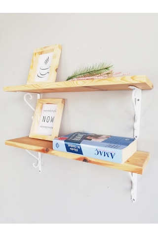 2'li Beyaz Ferforje Metal Ayaklı, Ahşap Kitaplık Duvar Rafı 50x11