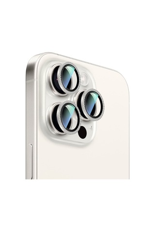 Apple iPhone 15 Pro Uyumlu Caseworld Alloy Sparkling Diamond Serisi Taşlı Lens Koruyucu Gümüş