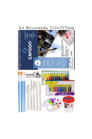 Canson Çok Amaçlı Sanatsal Blok A4 200 Gr 20 Yaprak 1 Adet Fanart 12 Renk Yağlı Boya Fırça Palet Spatula Fırça Temizleme