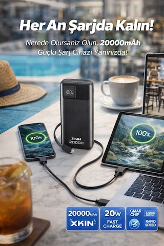 iPhone 14 Pro Uyumlu 20000 Mah 22.5w Smart Chip Hızlı Şarj Powerbank Siyah
