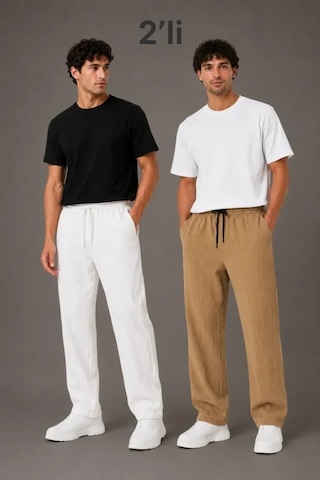 DefyModa Erkek 2li Bürümcük Kumaş Beli Lastikli Bağcıklı Bol Paça Pantolon - Beyaz/vizon Çok Renkli