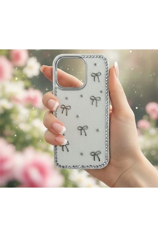Apple Uyumlu iPhone 15 Fiyonk Figürlü Simli İnci Taşlı Lüx Silikon Kılıf Gri