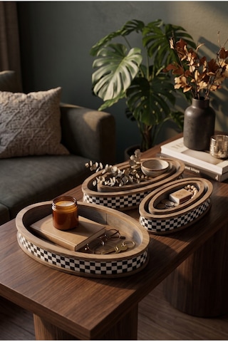 4 Adet Modern Pötikare Damalı Ahşap Oval Sunum Organizer Tepsi Seti Diğer