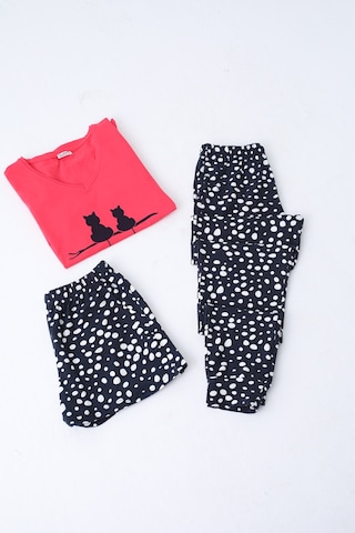 Kadın Şortlu Ve Uzun Pijama Takımı Kısa Kollu 3 Lü Set Likralı Cepli Nar