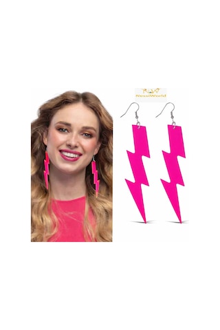 80 Ler 90& 39 Lar Retro Neon Pembe Şimşek Küpe 10 Cm