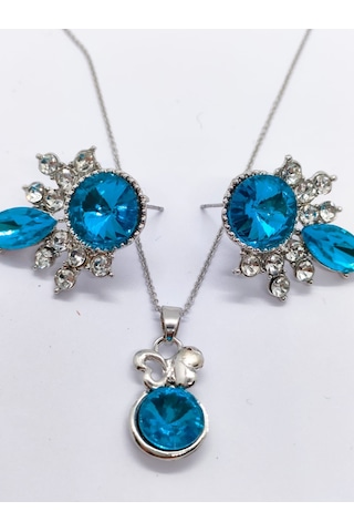 Sapphire Store Gümüş Renk Mavi Taşlı Kolye Küpe Seti Gümüş