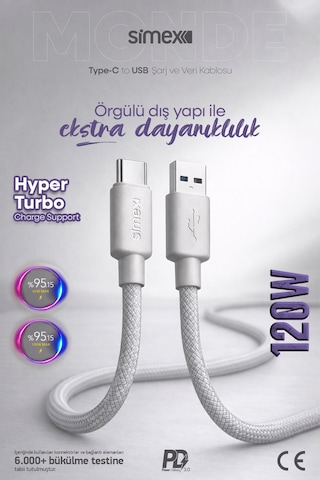 Simex 120w/67w/33w Usb To Type-c Ultra Turbo Hızlı Şarj Kablosu Xiaomi Uyumlu, Gri, 1 Metre