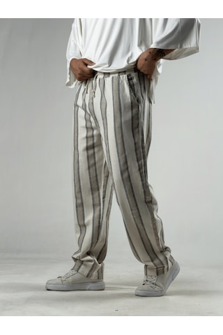 Cocopelli Çizgili Bej Keten Erkek Baggy Pantolon Coc3290