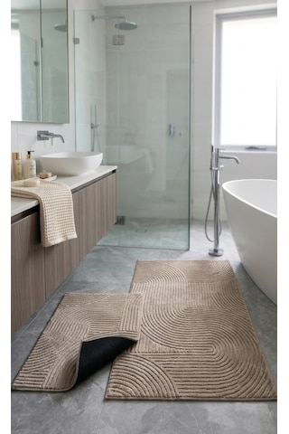 Dinarsu 2'li Banyo Paspası 60x100 40x60 Kaymaz Taban Bej