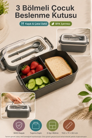 Antrasit 3 Bölmeli Çocuk Beslenme Kutusu Kaşık Çatal Dahil Kilitli Kapaklı Taşıma Saplı Lunch Box