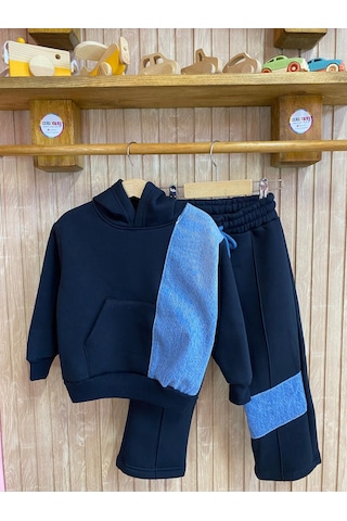 Kot Garnili Çımalı Tarz Kapüşonlu Kız Çocuk Eşofman Takım Siyah