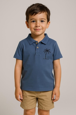 Erkek Çocuk Palmiye Nakışlı Polo Yaka Tişört 3-4 Yaş 8-9 Yaş Lacivert