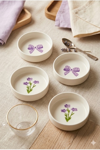 Lila Gift 4 Lü Seramik Kase Seti 10 Cm Çiçek Desenli Çerezlik Ve Sosluk Beyaz