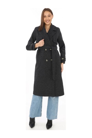 Premium Kadın Kaşe Kaban Uzun Boy, Balık Sırtı Yünlü Kaşmir Dokuma, Kruvaze Kuşaklı Astarlı - Siyah Siyah