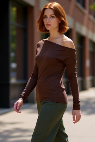 Ersefa Moda Kayık Yaka Örme Slim Çizgili Desen Casual Günlük Regular Uzu Kahverengi