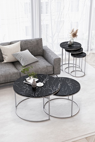 Paris Orta Sehpa 2'li Gümüş Metal - Siyah Mermer Tabla