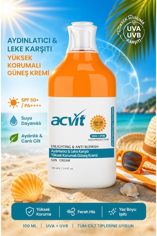 Acvit Aydınlatıcı ve Leke Karşıtı Yüksek Korumalı Güneş Kremi SPF50+ 100 ML