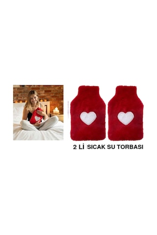 2 Adet Sıcak Su Torbası Peluş Kalpli,kırmızı Termofor 27x17x2cm 1 Litre Kırmızı