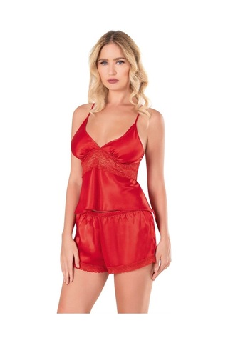 İkikareshop Kırmızı Saten Babydoll Şort Takımı Çok Renkli