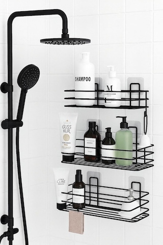 Delmeden Yapıştır 3 Katlı Banyo Duvar Rafı, Şampuan & Duş Organizer, Siyah Siyah
