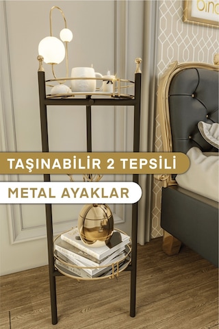 Bino Komodin Dresuar Metal 2 Katli Yatak Odasi 2 Tepsili Duzenleyici Altın - Siyah