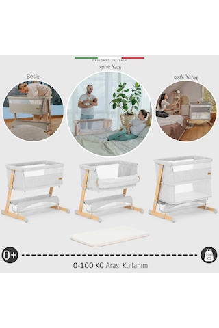 Elele Lettino 4 in1 Xl Büyüyebilen Anne Yanı Bebek Beşik Park Yatak 0-100 Kg Gri