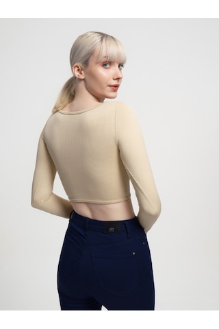 Crop Kadın Tshirt U.kol Bej