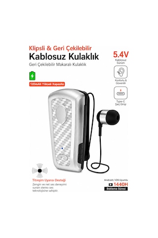 Exenar - Gri - Titreşimli Kablosuz Makaralı Kulaklık Titreşimli Bluetooth Kulaklık 15 Saat