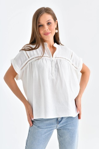 Dantel Detay Kısa Dokuma Bluz KEMİK