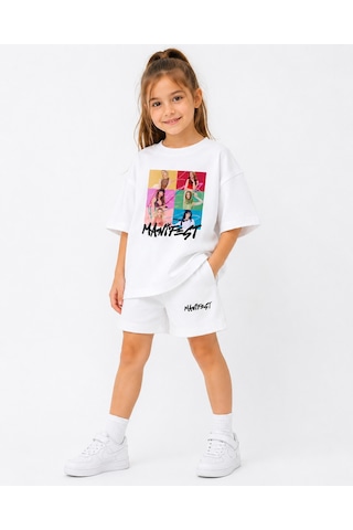 Fasardi Manifest Girls M6nifestgirls Baskılı Oversize Pamuk Tişört Şort 2'li Çocuk Takım Beyaz
