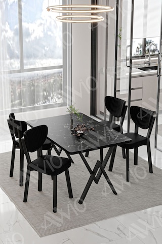 Avvio Vanensi Elma Sandalye 80x120 Yemek Masası Mutfak Masası 4 Kişilik Masa Sandalye Takım Siyah Mermer