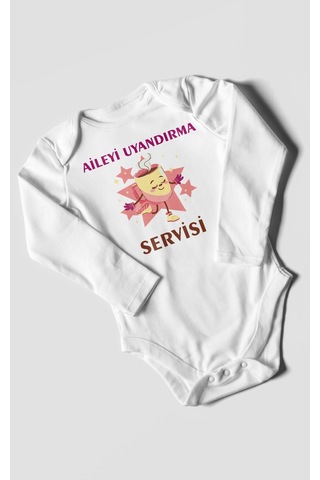 Aileyi Uyandırma Servisi Baskılı Bebek Zıbını Çıtçıtlı Body %100 Pamuk Uzun Kol Beyaz