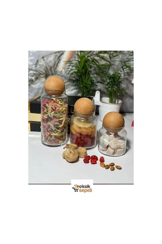 Kapris Ahşap Top Kapaklı 3lü Cam Kavanoz Seti M-b02 Şeffaf