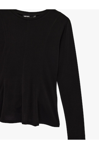 Koton Sandy Kumaş Uzun Kollu Bisiklet Yaka Slim Fit Peplum Kesim Tişört Siyah 6wak50442ek Siyah