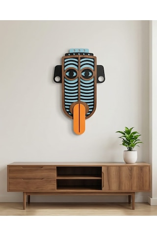 Modern Picasso Tarzı Ahşap Duvar Maske Mdf - Siyah Turuncu - Kırmızı Geometrik Tribal Mask 0