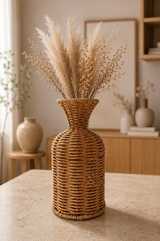 Doğal El Yapımı Rattan Vazo Dekoratif Hasır Vazo Bohem Salon Oturma Odası Masa Üstü Vazo 23 Cm Kahverengi