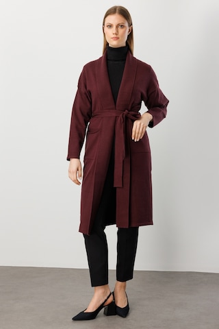 On Kadın Büyük Beden Beli Kuşaklı Şal Yaka Hırka 60900 Bordo Bordo