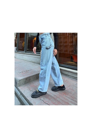 Kene Jeans Yüksek Bel Buz Kar Yan Kemer Tokalı Kargo Cep/baggy Bol Paça Jeans Buz Kar