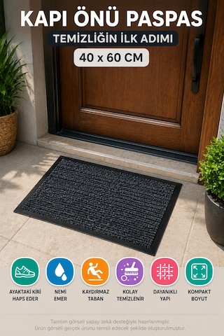 Gri Dış Mekan 40 X 60 Cm Kapı Önü Paspas Kaydırmaz Taban Nem Alıcı Kir Tutucu Ev Giriş Paspası