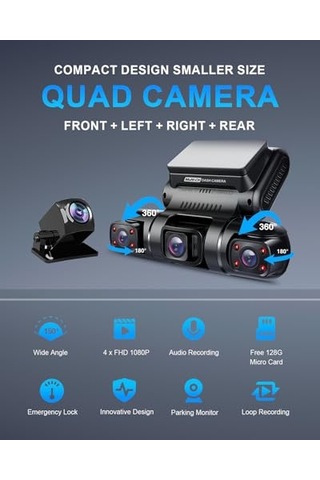 Dash Cam, 4 Kanallı Kamera Fhd 1080px4, Ön, Sol, Sağ Ve Arka, Ön Ve Arka İç, Dahili Gps Wifi, 256 Gb Max,  128 Gb Kart, D90-4ch