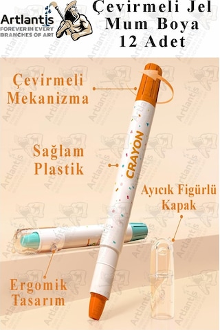 Çevirmeli Jel Mum Boya 12 Renk 1 Adet Plastik Kutulu 12 Li Mum Boya Kalemi Silinebilir Zararsız Yıkanabilir Çok Renkli