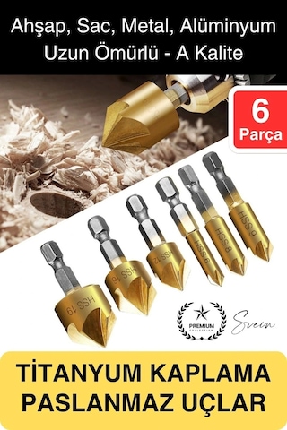 Premium Titanyum Kaplama 6'lı Kırılmaz Uçlu Paslanmaz Ahşap Sac Metal Havşa Açma Matkap Uç Seti