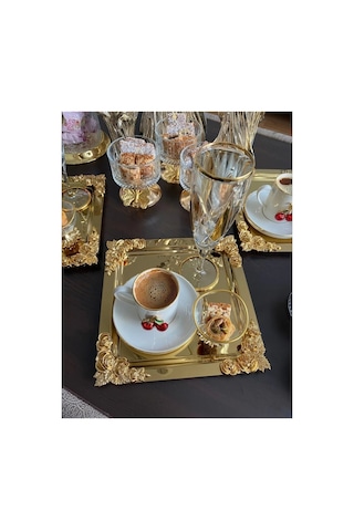 Komple Gold Detaylı 18/10 Çelik Kahve Sunum Tepsisi 6 Adet Altın