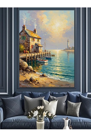 Ahşap Tablo Limanda Küçük Balıkçı Evi Yiyecek Ve İçecek Tabloları